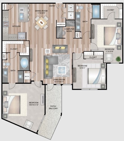 A floor plan of a house with a living room, dining room, kitchen, and multiple bedrooms.